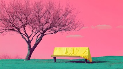 Obraz premium Yellow-draped bench, park, pink sky, tranquil scene, design
