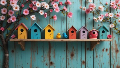 Colorful wooden birdhouse on a tree with a small nesting hole in a garden during spring