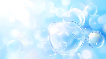 Water droplets water molecules and bubbles on blue white background