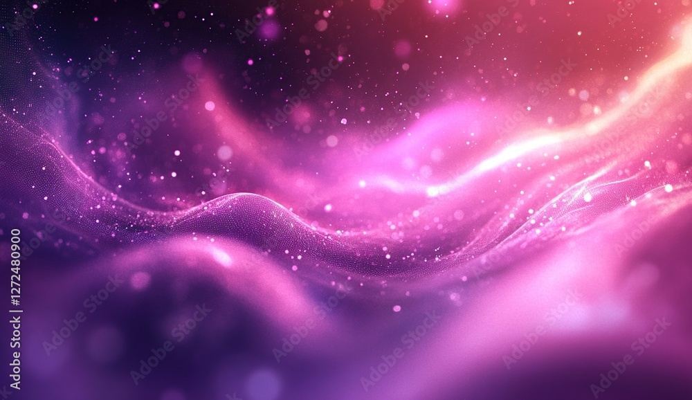 Poster abstract purple and pink wave background: shimmering particles flow dynamically across screen, creat