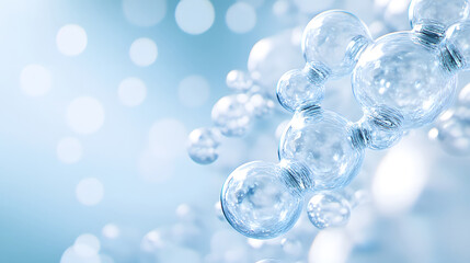 Water droplets water molecules and bubbles on blue white background