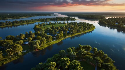 Obraz premium Serene aerial view of a meandering river, lush green island