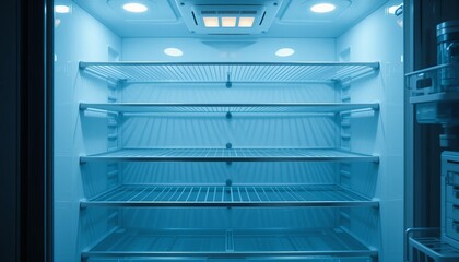 Empty fridge in the kitchen with open door and clean shelves