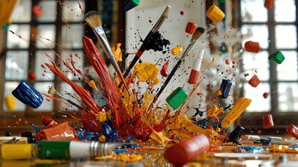 Fototapeta premium Dynamic bursts of colorful paint explode across a messy artist's workspace, where brushes and tubes of paint lie scattered amid the vibrant chaos of creativity and inspiration.