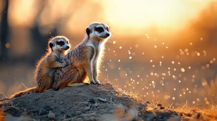 Fototapeta premium A Lively Family Scene of Meerkats Standing on a Mound During Sunset with a Warm Glowing Background