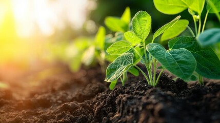 Naklejka premium Growth Stages of Soybean Plants in Natural Light with Focus on Leaves and Soil Detail