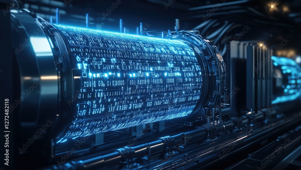 Poster futuristic data cylinder: rotating codes & algorithms illuminate advanced technology