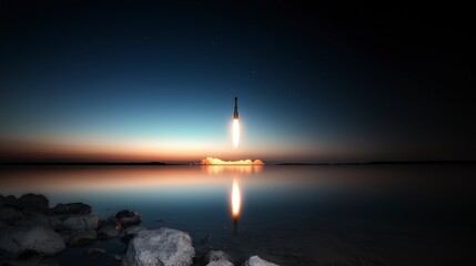 Fototapeta premium Rocket Launch at Sunset Space Exploration Night Sky Water Reflection