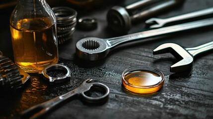 Modern Still Life Composition Featuring Engine Tools and Oil