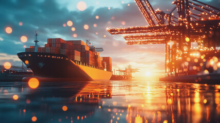 Obraz premium Container truck in ship port for business Logistics and transportation of Container Cargo ship and Cargo plane with working crane bridge in shipyard at sunrise, logistic import export and transport