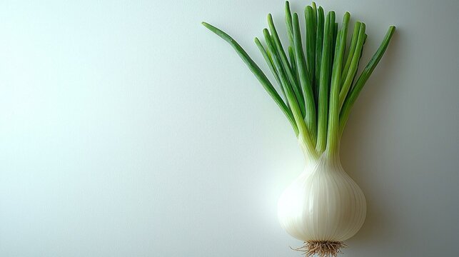 An unpeeled bulb onion sits alone on a pristine white backdrop. Its smooth white skin contrasts beautifully with the vibrant green shoots emerging from the top, symbolizing freshness - Powered by Adobe