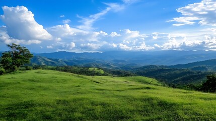 Fototapeta premium Serene Green Hill Landscape with Lush Mountains Under a Cloudy Sky : Generative AI