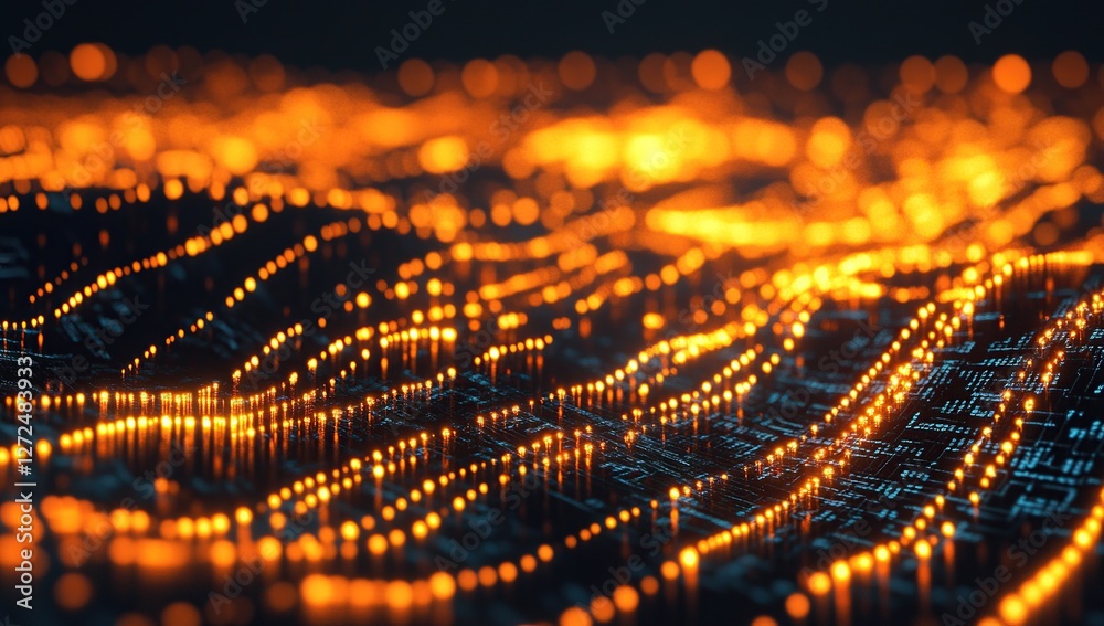 Poster abstract orange lights flowing dynamically across circuit board, creating a futuristic and technolog