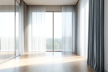 Fototapeta premium Sunny empty room, hardwood floor, city view, curtains, interior design