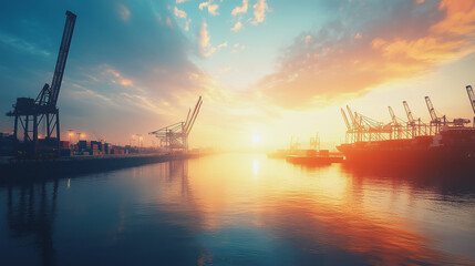 Obraz premium Container truck in ship port for business Logistics and transportation of Container Cargo ship and Cargo plane with working crane bridge in shipyard at sunrise, logistic import export and transport