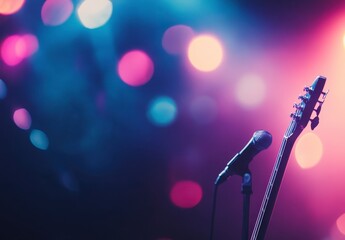 Obraz premium Vibrant Stage Lights with Microphone and Guitar in Focus