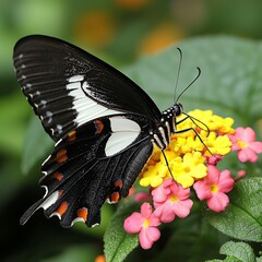 Close-up of a vibrant butterfly perched on colorful flowers in a lush garden