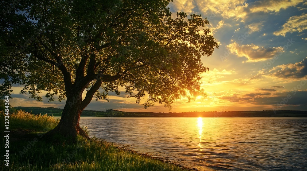 Poster breathtaking sunset behind a tranquil tree by the water near an open field : generative ai