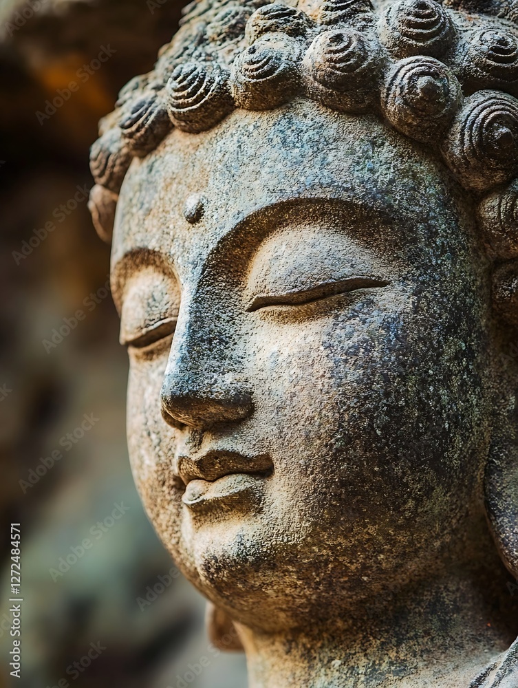 Poster serene buddha statue close up capturing tranquility and spiritual depth in detail : generative ai