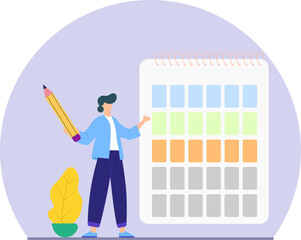 Illustration of a Person Meticulously Planning and Organizing Tasks on a Color-Coded Calendar with a Large Pencil