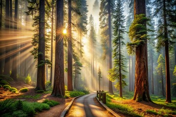 Obraz premium Majestic Yosemite Pines and Redwoods Trail: Double Exposure Photography