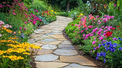 Obraz premium Serene Garden Pathway Surrounded by Colorful Blossoms and Foliage