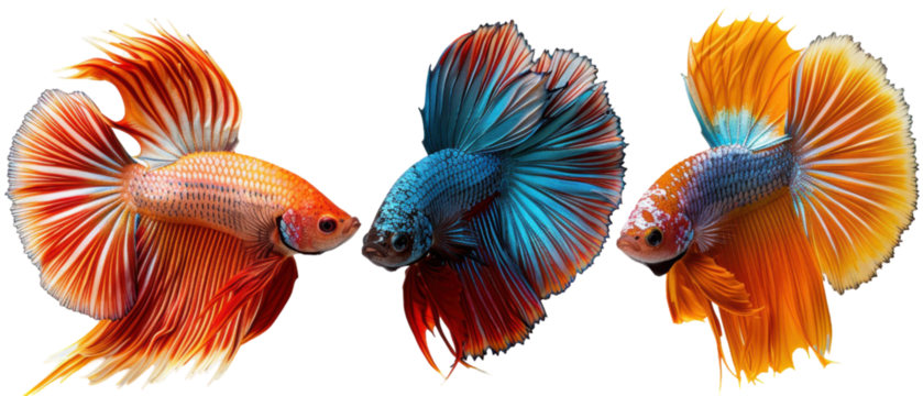 Vibrant betta fish in a dynamic underwater scene showcasing their colorful fins and tails