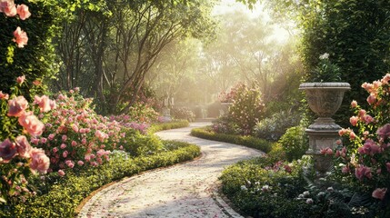 Fototapeta premium Winding Path Through a Vintage Garden Filled with Beautiful Flowers