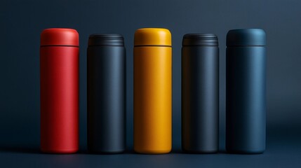 Fototapeta premium Row of Red Black Yellow and Blue Insulated Bottles on Dark Backdrop