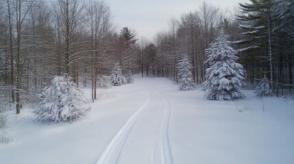 Snow-covered Trail Winds Through a Peaceful Winter Forest in Tranquility and Stillness During a Cloudy Day