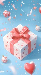 A festive gift box adorned with pink hearts and a bow, surrounded by confetti.