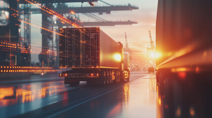 Fototapeta premium Container truck in ship port for business Logistics and transportation of Container Cargo ship and Cargo plane with working crane bridge in shipyard at sunrise, logistic import export and transport