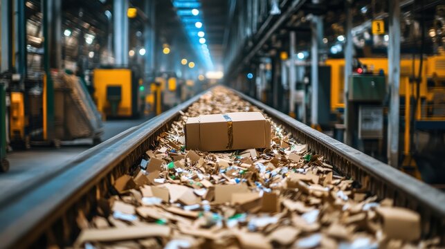Cardboard box on conveyor belt with shredded paper. Illustrates recycling, waste management, and industrial processes.