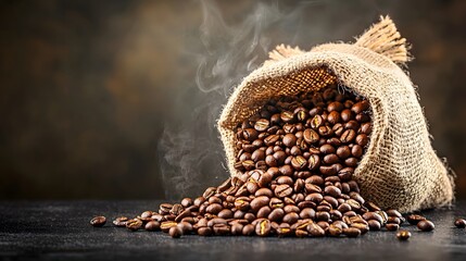 Freshly Roasted Coffee Beans Spilling from Burlap Sack onto a Dark Rustic Surface Releasing a Delightful Aroma and Promising a Bold Flavorful Brew