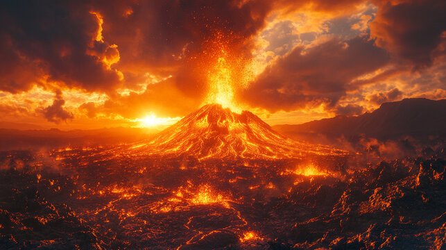 The volcano is erupting violently, with lava flowing down in all directions. The sky-high fire column and the flow of red-hot lava cover the ground and create a spectacular view.