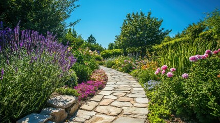Serene Pathway Through a Picturesque Garden Under Clear Blue Sky