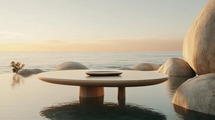 Obraz premium Tranquil Wooden Table Beside Ocean Rocks at Sunset