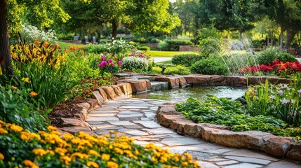 Scenic Garden Pathway With Flowers and Water Features in Retreat