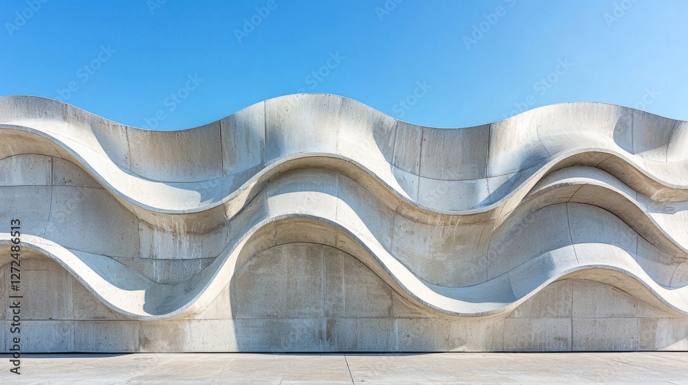 Poster waves of textured concrete rise and fall against a clear blue sky, creating a striking visual contra