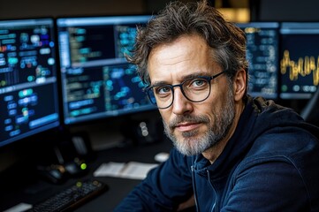 Fototapeta premium A dedicated analyst sits confidently at a desk adorned with multiple monitors filled with intricate data visualizations, reflecting an atmosphere of innovation and technology during late hours.