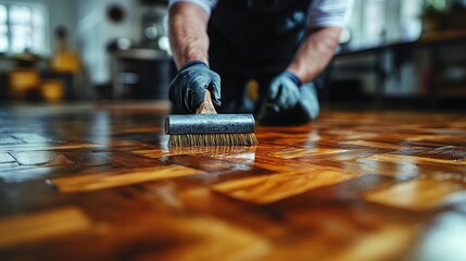 Craftsman applying finish to hardwood floor in workshop