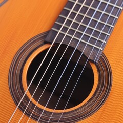 Close-up of an acoustic guitar showcasing its intricate soundhole and strings