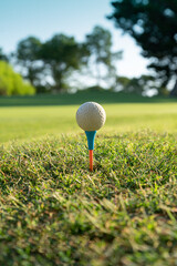 Close up golf ball on green grass field.