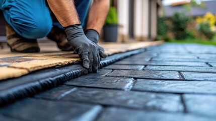 Craftsman installing paving stones, home exterior