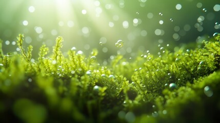Lush Green Moss with Dewdrops in Sunlight Creating a Serene Atmosphere
