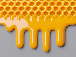 Close-up of flowing honey over a honeycomb structure on a smooth surface