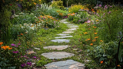 Obraz premium Peaceful Garden Pathway with Colorful Flowers and Tranquil Atmosphere