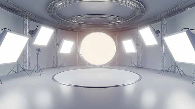 3d render image of panoramic view equirectangular hdri studio lights image map, environment map with soft light boxes in a circle. Futuristic Light Refractions. Illustration