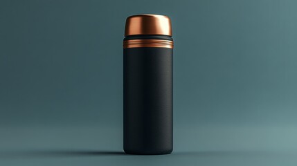 Fototapeta premium Black Insulated Water Bottle with Copper Accents on a Gray Background