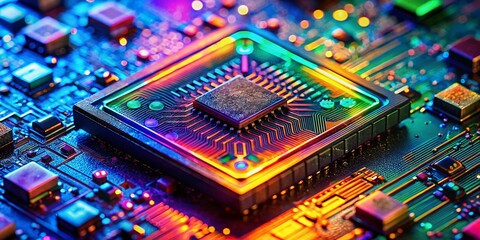 Obraz premium Microscopic View of Microchip Nano-Circuitry: Vibrant Macro Photography